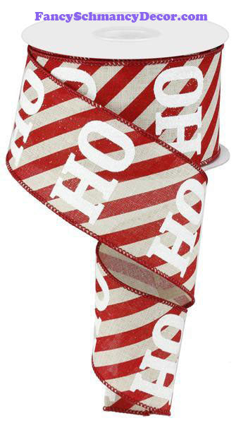 2.5" X 10 yd Diagonal Stripes W/"Ho Ho Ho" Wired Ribbon