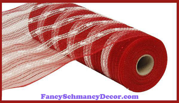 10.5" X 10 yd Poly Foil Snowball Red & White Mesh –