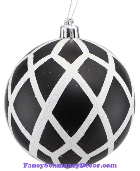 100 Mm Glitter Matte Harlequin Ball Black White Ornament