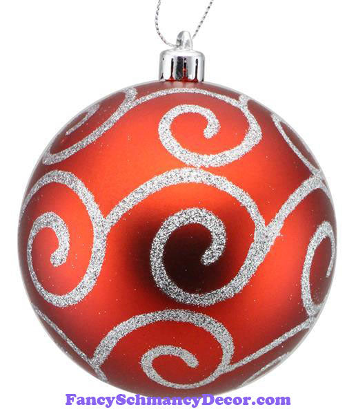 100 MM Matte Red Silver Glitter Scroll Swirl Ornament Ball