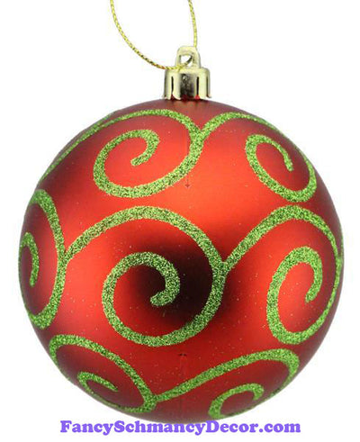 100 Mm Glitter Scroll Swirl Ball Matte Red Lime Green Ornament