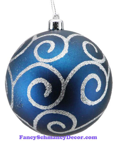 100 Mm Glitter Scroll Swirl Ball Matte Smoke Blue Silver Ornament
