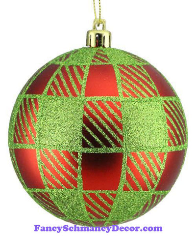 100 Mm Striped Check Red Lime Green Ball Ornament