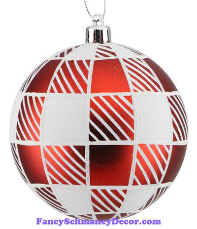 100 Mm Striped Check Matte Red White Ball Ornament