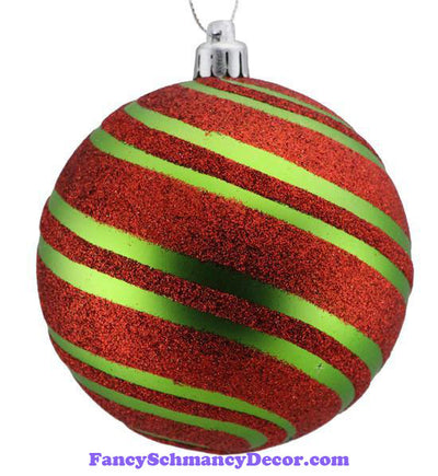 100 Mm Glitter Diagonal Stripe Ball Matte Lime Green Red Ornament
