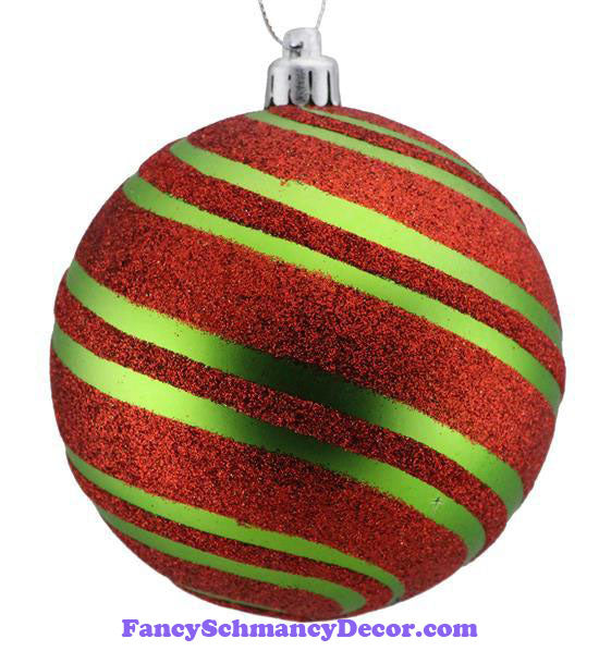 100 Mm Glitter Diagonal Stripe Ball Matte Lime Green Red Ornament