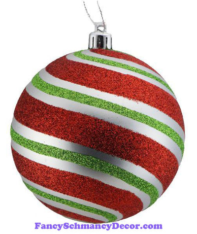 100 Mm Glitter Diagonal Stripe Ball Matte Silver Red Lime Ornament