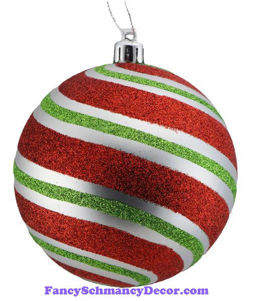 100 Mm Glitter Diagonal Stripe Ball Matte Silver Red Lime Ornament