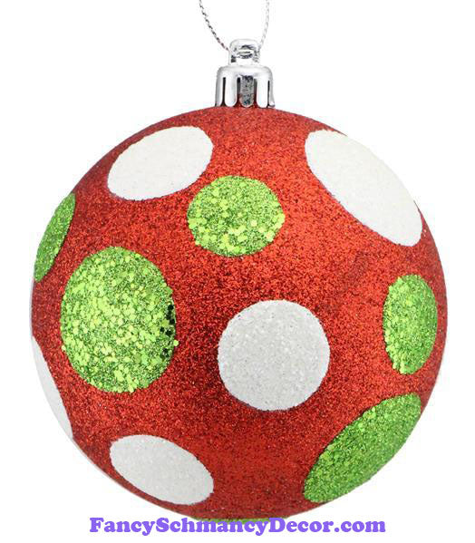 100 Mm All Glitter Polka Dot Ball Red Lime Green White Ornament