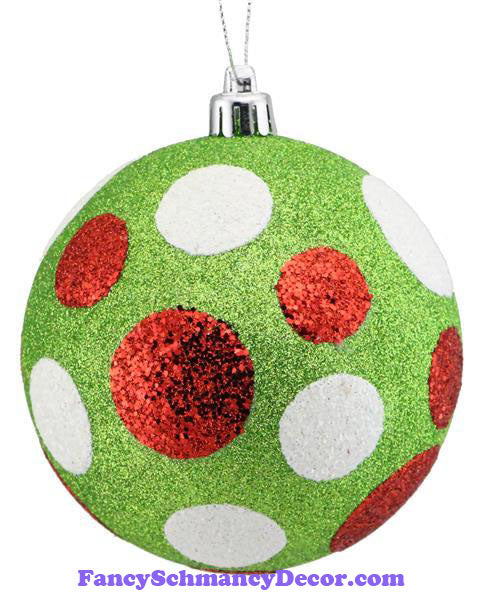 100 Mm All Glitter Polka Dot Ball Green Red White Ornament