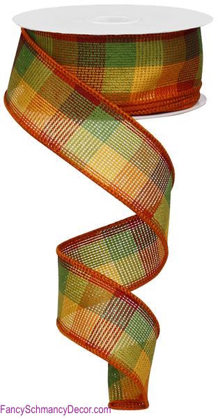 1.5" X 10 yd Woven Check Orange/Burgundy/Tan/Moss Wired Ribbon