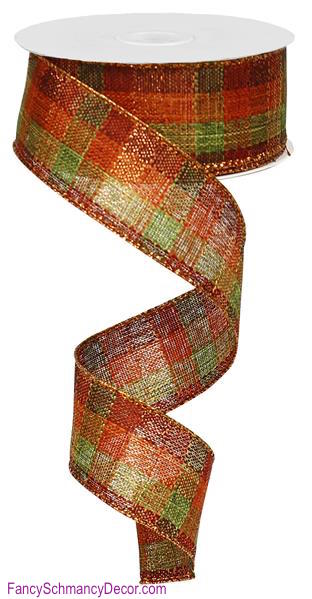 1.5" X 10 yd Check W/Metallic/Royal Rust/Moss/Burgundy/Copper Wired Ribbon