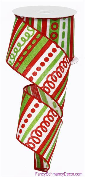2.5" X 10 yd Loopy Stripes On Royal Red Lime Wired Ribbon