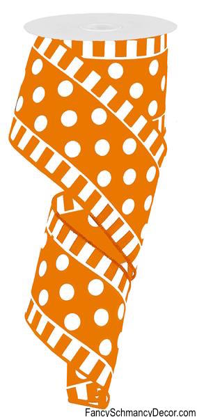 2.5" X 10 yd Dots And Stripes Wired Orange/White Wired Ribbon