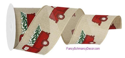 2.5" X 10 yard Vintage Truck W/Tree/Royal Wired Ribbon