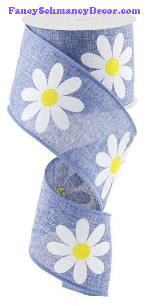 2.5" X 10 yd Daisy Bold Print Blue Denim Yellow White On Royal Wired Ribbon