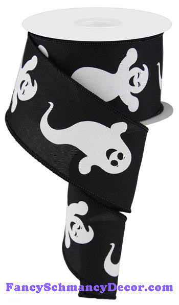 2.5" X 10 yd Ghost On Royal Black White Wired Ribbon
