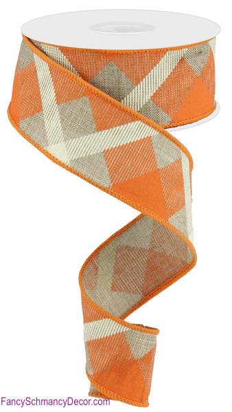 1.5" X 10 yd Printed Plaid Beige Orange Cream On Royal Wired Ribbon