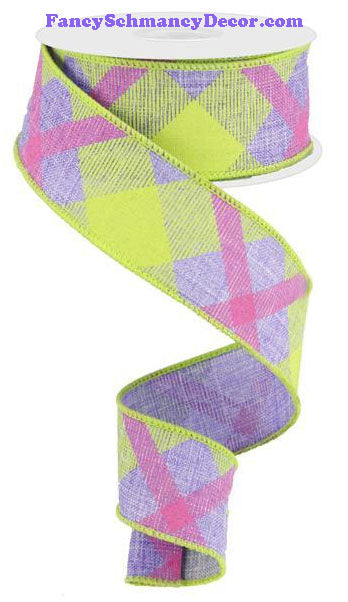 1.5" X 10 yd Printed Lavender Lime Green Hot Pink Plaid On Royal Ribbon