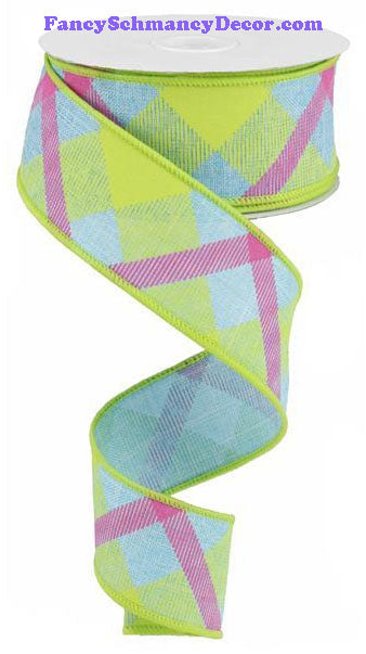 1.5" X 10 yd Printed Plaid Blue Lime Green Hot Pink On Royal Ribbon