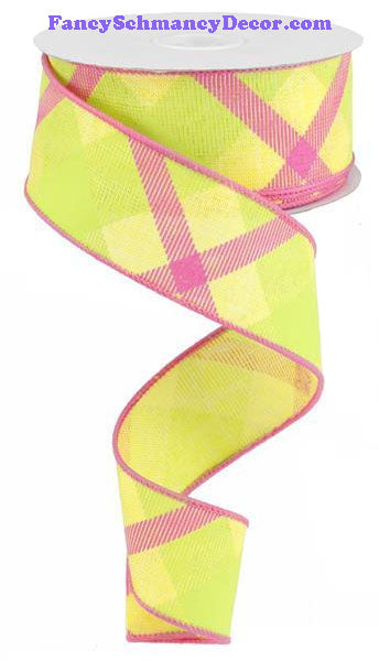 1.5" X 10 yd Yellow Lime Hot Pink Printed Plaid On Royal Wired Ribbon