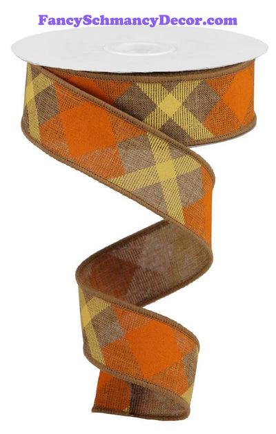 1.5"X10yd Printed Plaid On Royal Tan/Orange/Mustard Wired Ribbon