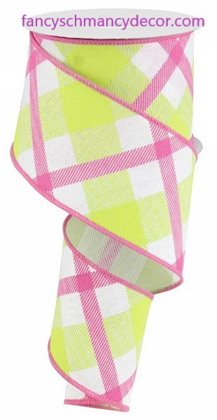 2.5"X10yd Printed Plaid On Royal White/Lime Green/Hot Pink Wired Ribbon