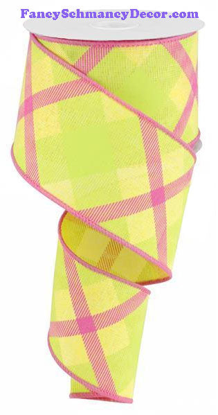 2.5" X 10 yd Printed Plaid On Royal Yellow Lime Hot Pink Wired RIbbon