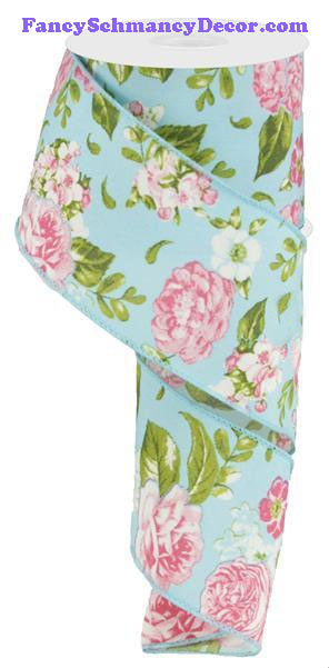 2.5" X 10 yd Rose Green Blue Floral Wired Ribbon