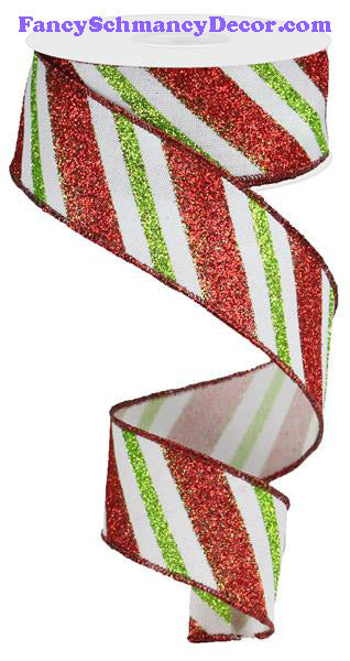 1.5" X 10 yd Diagonal White Red Lime Glitter Stripe Royal Ribbon