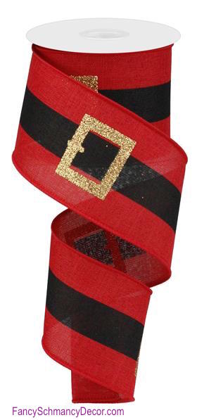 2.5" X 10 yd Santa Belt On Royal Red/Gold/Black Wired Ribbon