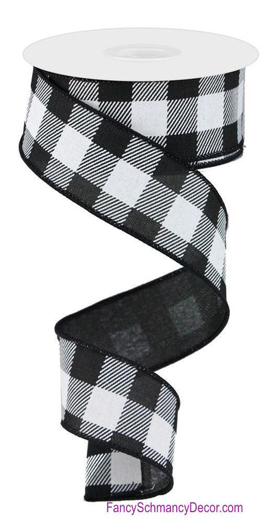 1.5" X 10 YD Black White Striped Check on Royal Wired Ribbon