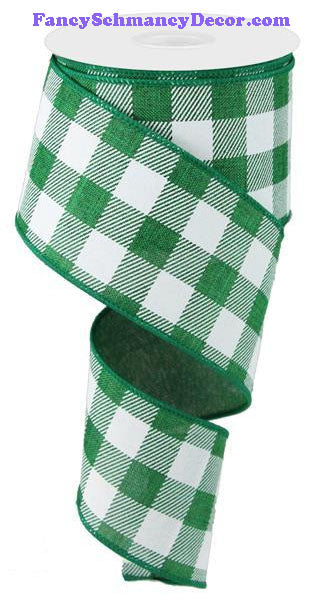 2.5" X 10 yd Emerald Green White Plaid Check On Royal Ribbon