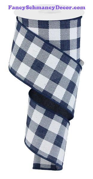 2.5" X 10 yd Striped Check On Royal Navy Blue White Wired Ribbon