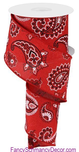 2.5" X 10 yd Bandana Red Black White Print Wired Ribbon