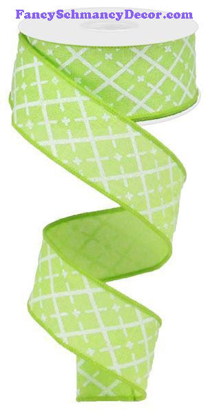 1.5" X 10 yd Glittered Argyle Bright Green White Silver On Royal Ribbon