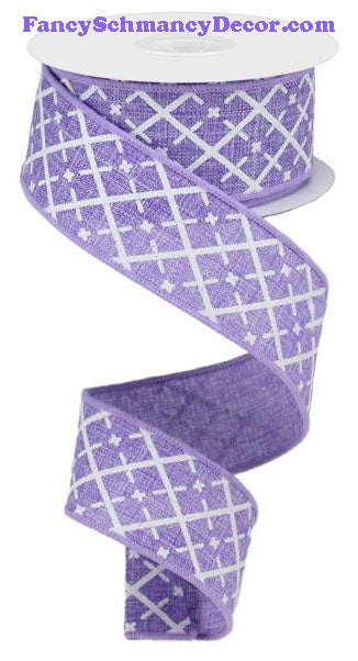 1.5” X 10 yd Glittered Lavender White Silver Argyle On Royal Wired Ribbon