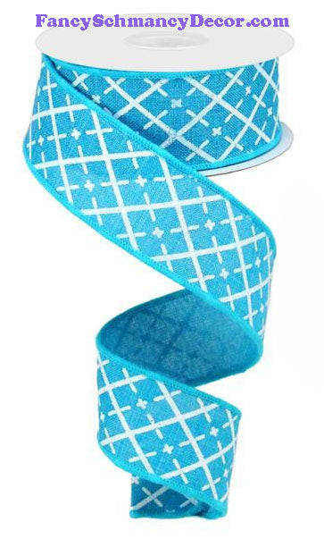 1.5" X 10 yd Glittered Argyle Turquoise White Silver On Royal Ribbon