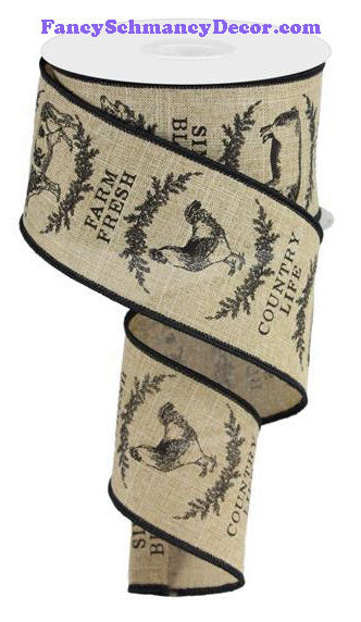 2.5" X 10 yd Farmhouse Light Beige Black Animals Ribbon