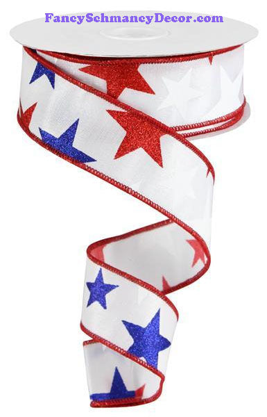 1.5" X 10 yd Star White Red Navy On Satin Wired Ribbon