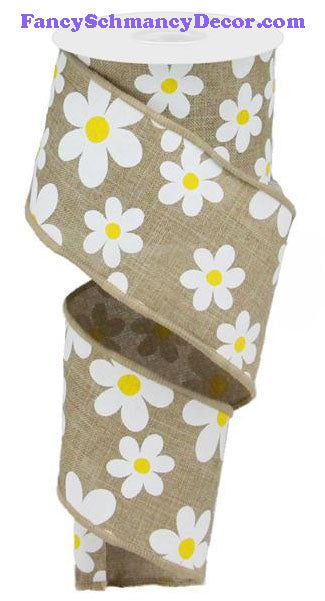 2.5" X 10 yd Flower Daisy Print Lt Beige White Yellow On Royal Wired Ribbon
