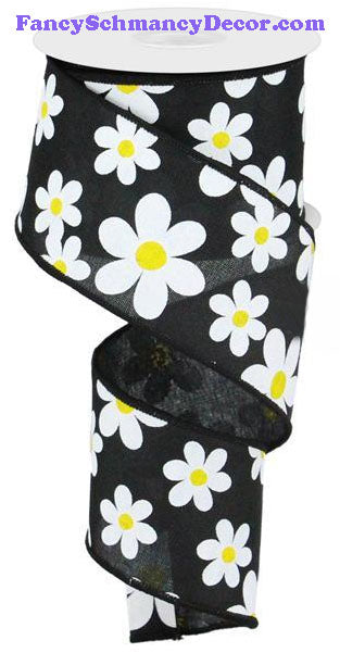 2.5" X 10 yd Flower Daisy Print Black White Yellow On Royal Wired Ribbon