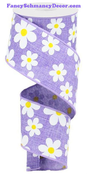 2.5" X 10 yd Flower Daisy Print Lavender White Yellow On Royal Wired Ribbon