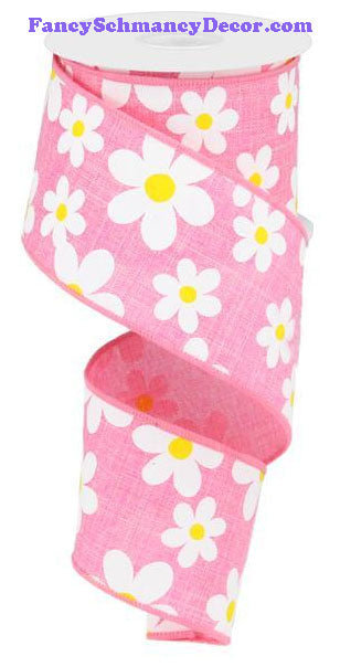 2.5" X 10 yd Flower Daisy Print Pink White Yellow On Royal Wired Ribbon