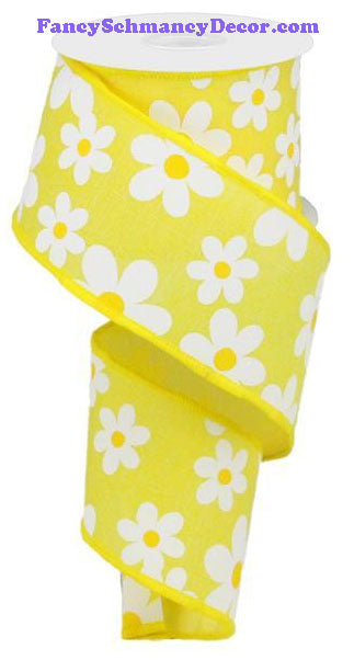 2.5" X 10 yd Yellow White Flower Daisy Print On Royal Ribbon