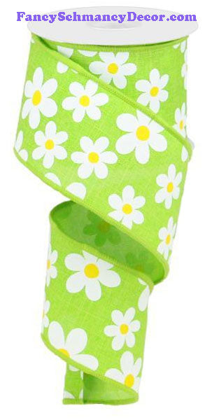 2.5" X 10 yd Flower Daisy Print Lime Green White Yellow On Royal Wired Ribbon