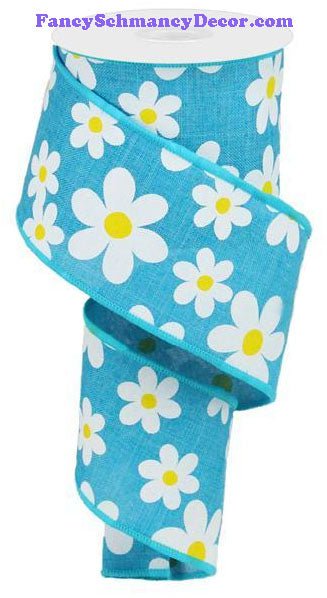 2.5" X 10 yd Flower Daisy Print Turquoise White Yellow On Royal Wired Ribbon