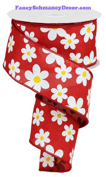 2.5" X 10 yd Flower Daisy Print Red White Yellow On Royal Wired Ribbon