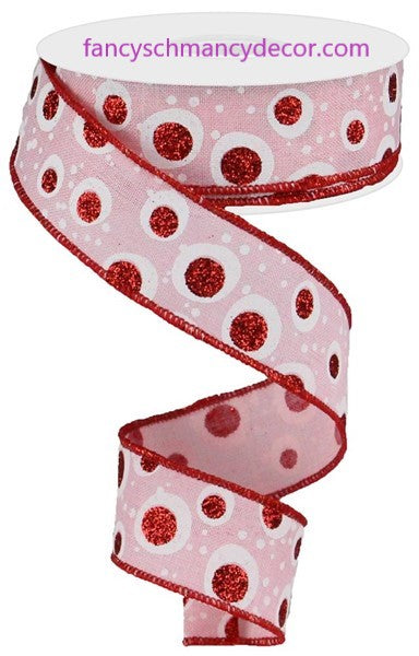 1.5"X10yd Random Circles W/Glitter Light Pink/White/Red Wired Ribbon