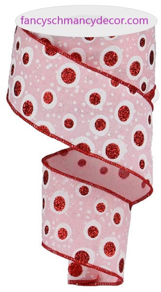 2.5"X10yd Random Circles W/Glitter Light Pink/White/Red Wired Ribbon